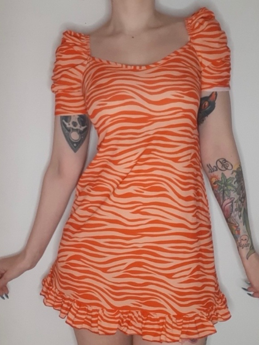 New Girl Order Orange and Peach Zebra Print Mini Dress with Rouched Slee…